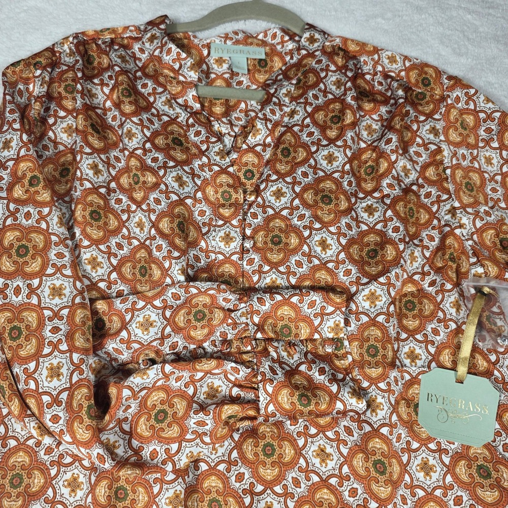 Ryegrass Tile Print Blouse Womens Large Orange NEW Boho V-Neck Long Sleeve Retro